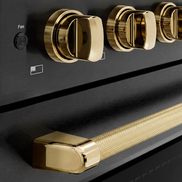 ZLINE Autograph Edition 36 in. 5.2 cu. ft. Paramount Induction Range with 5 Element Cooktop and Electric Convection Oven in Black Stainless Steel with Polished Gold Helix Handle and Knob Accents (SINRBZ-36-KG)