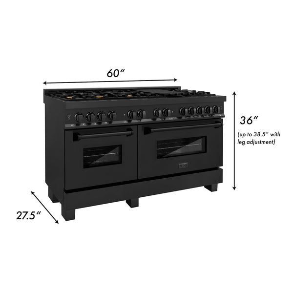 ZLINE 60 in. 7.4 cu. ft. Dual Fuel Range with Gas Stove and Electric Oven in Black Stainless Steel with Brass Burners (RAB-BR-60) dimensional diagram with measurements.