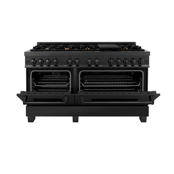 ZLINE 60 in. 7.4 cu. ft. Dual Fuel Range with Gas Stove and Electric Oven in Black Stainless Steel with Brass Burners (RAB-BR-60) front, oven door half open.