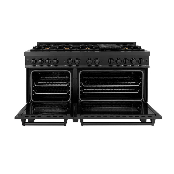 ZLINE 60 in. 7.4 cu. ft. Dual Fuel Range with Gas Stove and Electric Oven in Black Stainless Steel with Brass Burners (RAB-BR-60) front, oven open.