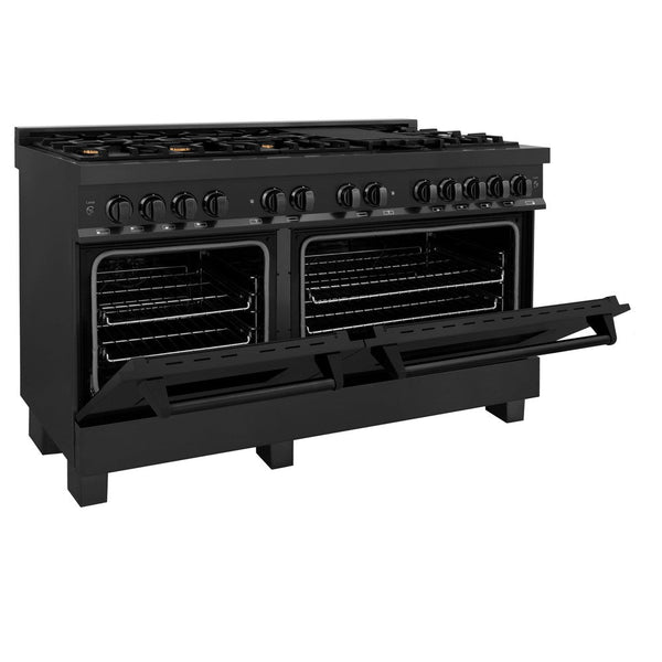 ZLINE 60 in. 7.4 cu. ft. Dual Fuel Range with Gas Stove and Electric Oven in Black Stainless Steel with Brass Burners (RAB-BR-60) side, oven door half open.