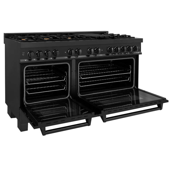ZLINE 60 in. 7.4 cu. ft. Dual Fuel Range with Gas Stove and Electric Oven in Black Stainless Steel with Brass Burners (RAB-BR-60) side, oven open.