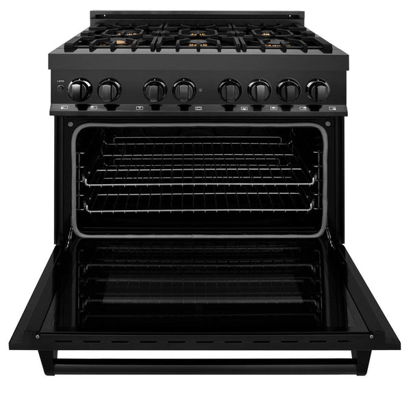 ZLINE Kitchen Package with Black Stainless Steel Refrigeration, 36 in. Dual Fuel Range, 36 in. Range Hood, Microwave Drawer, and 24 in. Tall Tub Dishwasher (5KPR-RABRH36-MWDWV) 