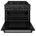ZLINE 36 in. 4.6 cu. ft. Dual Fuel Range with Gas Stove and Electric Oven in Black Stainless Steel with Brass Burners (RAB-BR-36) front, oven open.