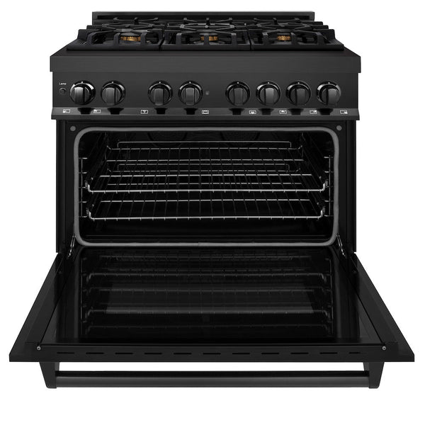 ZLINE 36 in. 4.6 cu. ft. Dual Fuel Range with Gas Stove and Electric Oven in Black Stainless Steel with Brass Burners (RAB-BR-36) front, oven open.