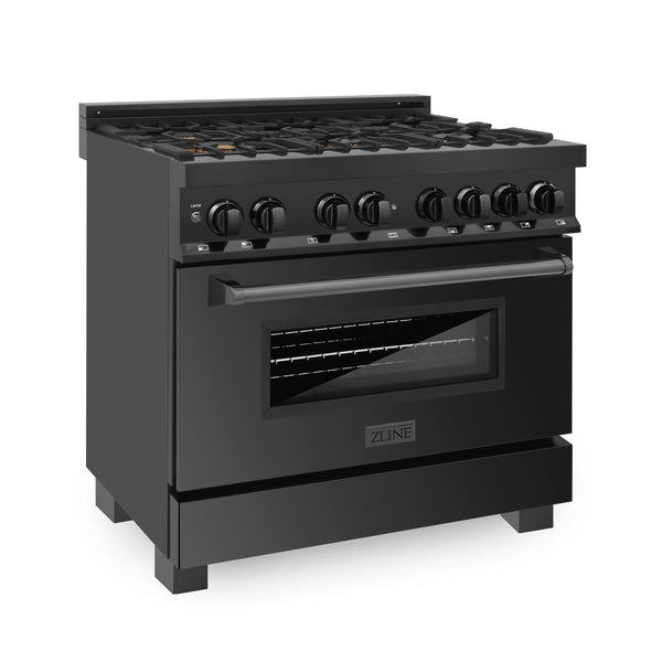 ZLINE Kitchen Package with Black Stainless Steel Refrigeration, 36 in. Dual Fuel Range, 36 in. Range Hood, Microwave Drawer, and 24 in. Tall Tub Dishwasher (5KPR-RABRH36-MWDWV) 