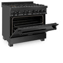 ZLINE Kitchen Package with Black Stainless Steel Refrigeration, 36 in. Dual Fuel Range, 36 in. Range Hood, Microwave Drawer, and 24 in. Tall Tub Dishwasher (5KPR-RABRH36-MWDWV) 