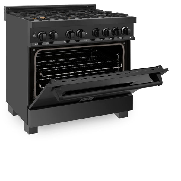 ZLINE Kitchen Package with Black Stainless Steel Refrigeration, 36 in. Dual Fuel Range, 36 in. Range Hood, Microwave Drawer, and 24 in. Tall Tub Dishwasher (5KPR-RABRH36-MWDWV) 