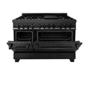 ZLINE 48" Dual Fuel Range in black stainless steel with brass burners front with double oven doors halfway open.