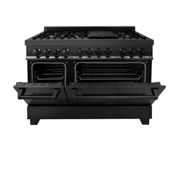 ZLINE 48" Dual Fuel Range in black stainless steel with brass burners front with double oven doors halfway open.
