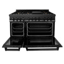 ZLINE 48" Dual Fuel Range in black stainless steel with brass burners front with double oven doors open.