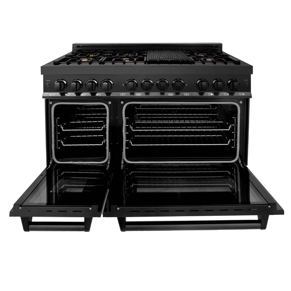 ZLINE 48" Dual Fuel Range in black stainless steel with brass burners front with double oven doors open.