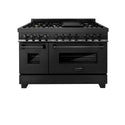 ZLINE 48" Dual Fuel Range in black stainless steel with brass burners front with double oven doors closed.