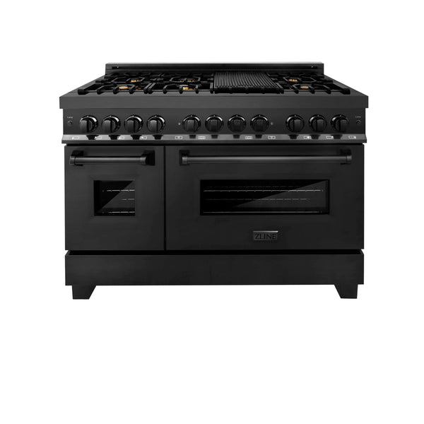 ZLINE 48" Dual Fuel Range in black stainless steel with brass burners front with double oven doors closed.