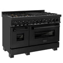 ZLINE 48" Black Stainless Steel Dual Fuel Range with double ovens and brass burners side view.