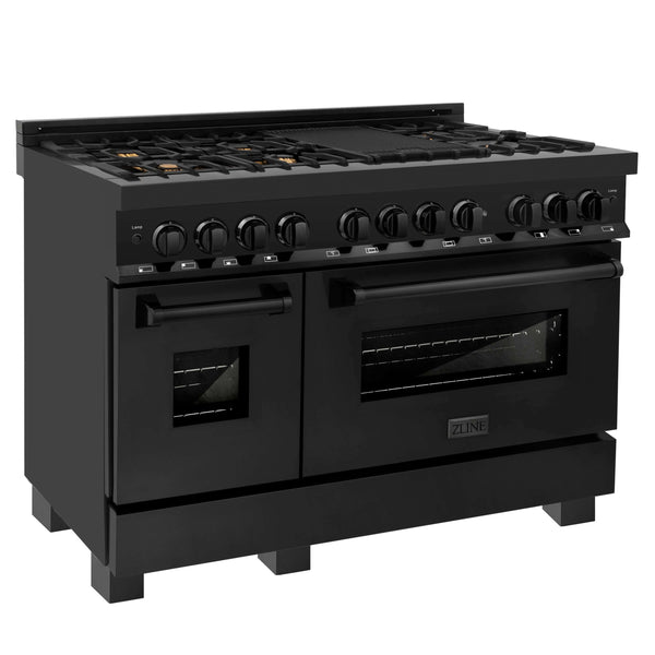 ZLINE 48" Black Stainless Steel Dual Fuel Range with double ovens and brass burners side view.