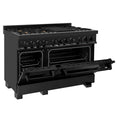 ZLINE 48" Black Stainless Steel Dual Fuel Range with double ovens and brass burners side view with oven doors halfway open.