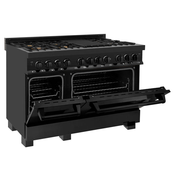 ZLINE 48" Black Stainless Steel Dual Fuel Range with double ovens and brass burners side view with oven doors halfway open.