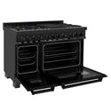 ZLINE 48" Black Stainless Steel Dual Fuel Range with double ovens and brass burners side view with oven doors fully open.