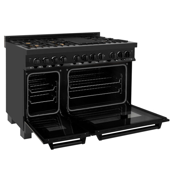 ZLINE 48" Black Stainless Steel Dual Fuel Range with double ovens and brass burners side view with oven doors fully open.