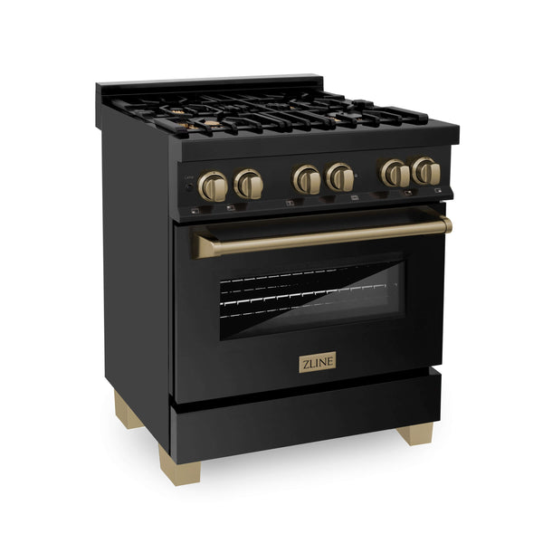 ZLINE Autograph Edition 30 in. Kitchen Package with Black Stainless Steel Dual Fuel Range, Range Hood, Dishwasher, and Refrigerator with External Water Dispenser with Champagne Bronze Accents (4AKPR-RABRHDWV30-CB) 