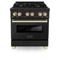 ZLINE Autograph Edition 30 in. 4.0 cu. ft. Dual Fuel Range with Gas Stove and Electric Oven in Black Stainless Steel with Polished Gold Accents (RABZ-30-G) front, oven closed.