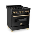 ZLINE Autograph Edition 30 in. 4.0 cu. ft. Dual Fuel Range with Gas Stove and Electric Oven in Black Stainless Steel with Polished Gold Accents (RABZ-30-G) side, oven closed.