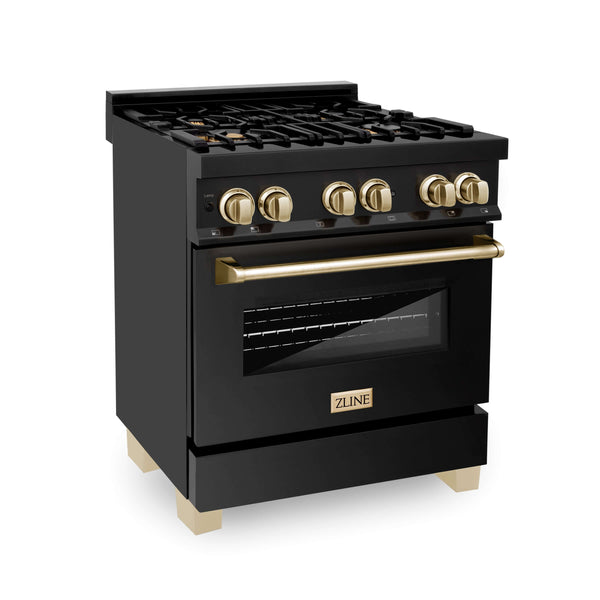 ZLINE 30" Black Stainless Steel Dual Fuel Range with Polished Gold accents.