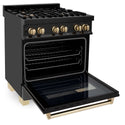 ZLINE 30" Black Stainless Steel Dual Fuel Range with Polished Gold accents side with oven door open.
