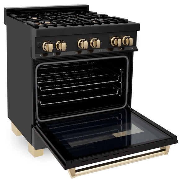 ZLINE 30" Black Stainless Steel Dual Fuel Range with Polished Gold accents side with oven door open.
