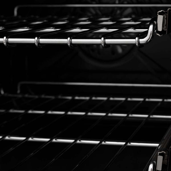 ZLINE Autograph Edition 36 in. 4.6 cu. ft. Dual Fuel Range with Gas Stove and Electric Oven in Black Stainless Steel with Champagne Bronze Accents (RABZ-36-CB) close-up, SmoothGlide Ball-Bearing Oven Racks from front.