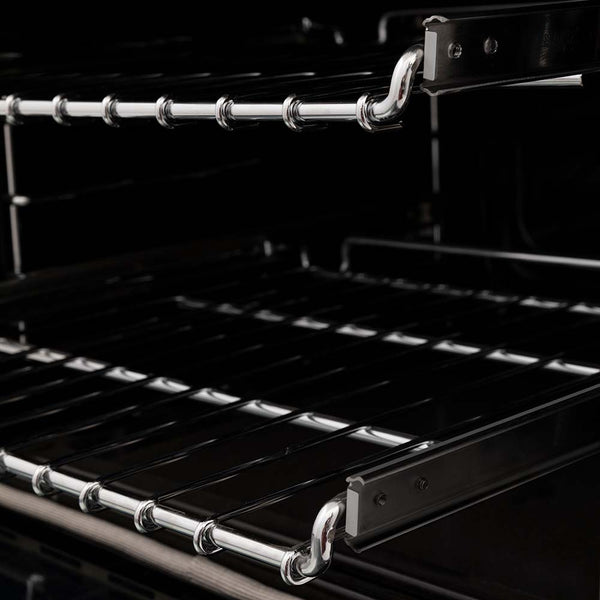 ZLINE Autograph Edition 36 in. 4.6 cu. ft. Dual Fuel Range with Gas Stove and Electric Oven in Black Stainless Steel with Champagne Bronze Accents (RABZ-36-CB) close-up, SmoothGlide ball-bearing adjustable racks inside oven from side.