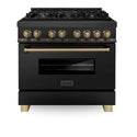 ZLINE Autograph Edition 36 in. 4.6 cu. ft. Dual Fuel Range with Gas Stove and Electric Oven in Black Stainless Steel with Champagne Bronze Accents (RABZ-36-CB) front, oven closed.