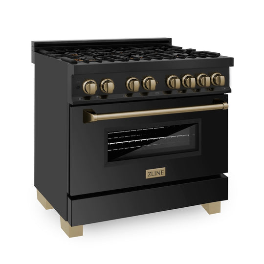 ZLINE Autograph Edition 36 in. 4.6 cu. ft. Legacy Dual Fuel Range with 6 Burner Gas Cooktop and Electric Convection Oven in Black Stainless Steel and Champagne Bronze Accents (RABZ-36-CB)