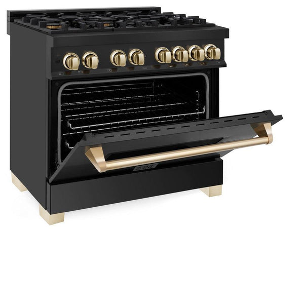 ZLINE Autograph Edition 36 in. Kitchen Package with Black Stainless Steel Dual Fuel Range, Range Hood, Dishwasher and Refrigeration with Polished Gold Accents (4AKPR-RABRHDWV36-G) 
