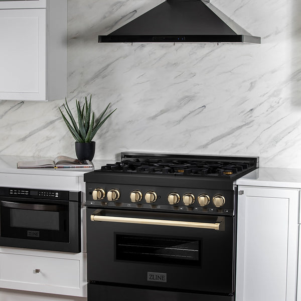 ZLINE Autograph Edition 36 in. 4.6 cu. ft. Legacy Dual Fuel Range with 6 Burner Gas Cooktop and Electric Convection Oven in Black Stainless Steel and Polished Gold Accents (RABZ-36-G)