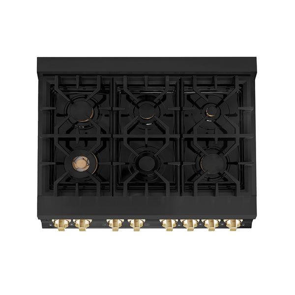 ZLINE Autograph Edition 36 in. 4.6 cu. ft. Legacy Dual Fuel Range with 6 Burner Gas Cooktop and Electric Convection Oven in Black Stainless Steel and Polished Gold Accents (RABZ-36-G)