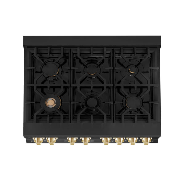 ZLINE Autograph Edition 36 in. Kitchen Package with Black Stainless Steel Dual Fuel Range and Range Hood with Polished Gold Accents (2AKP-RABRH36-G)