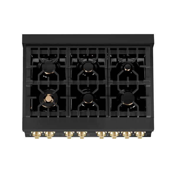 ZLINE Autograph Edition 36 in. Kitchen Package with Black Stainless Steel Dual Fuel Range, Range Hood, Dishwasher and Refrigeration with Polished Gold Accents (4AKPR-RABRHDWV36-G) 