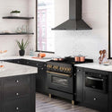 ZLINE Autograph Edition 36 in. 4.6 cu. ft. Dual Fuel Range with Gas Stove and Electric Oven in Black Stainless Steel with Champagne Bronze Accents (RABZ-36-CB) lifestyle image from side in a luxury kitchen.