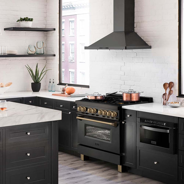ZLINE Autograph Edition 36 in. 4.6 cu. ft. Dual Fuel Range with Gas Stove and Electric Oven in Black Stainless Steel with Champagne Bronze Accents (RABZ-36-CB) lifestyle image from side in a luxury kitchen.