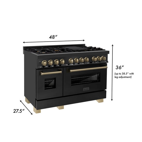 ZLINE 48" Dual Fuel Range in black stainless steel dimensions.