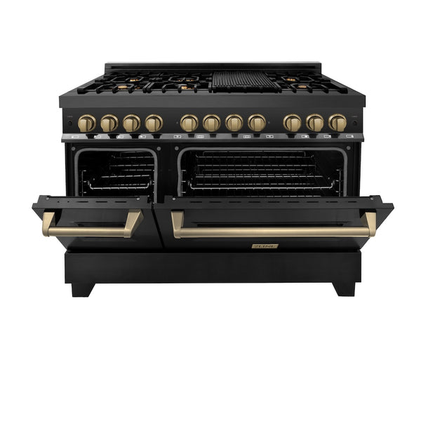 ZLINE Autograph Edition 48 in. 6.0 cu. ft. Legacy Dual Fuel Range with 7 Burner Gas Cooktop and 2 Electric Ovens in Black Stainless Steel and Champagne Bronze Accents (RABZ-48-CB)