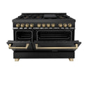 ZLINE Autograph Edition 48 in. 6.0 cu. ft. Dual Fuel Range with Gas Stove and Electric Oven in Black Stainless Steel with Champagne Bronze Accents (RABZ-48-CB) front, oven door half open.