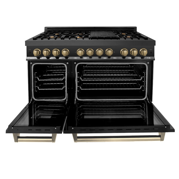 ZLINE Autograph Edition 48 in. 6.0 cu. ft. Legacy Dual Fuel Range with 7 Burner Gas Cooktop and 2 Electric Ovens in Black Stainless Steel and Champagne Bronze Accents (RABZ-48-CB)