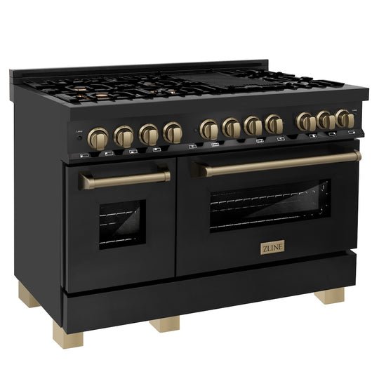 ZLINE Autograph Edition 48 in. 6.0 cu. ft. Legacy Dual Fuel Range with 7 Burner Gas Cooktop and 2 Electric Ovens in Black Stainless Steel and Champagne Bronze Accents (RABZ-48-CB)