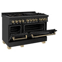ZLINE Autograph Edition 48 in. 6.0 cu. ft. Dual Fuel Range with Gas Stove and Electric Oven in Black Stainless Steel with Champagne Bronze Accents (RABZ-48-CB) side, oven door half open.