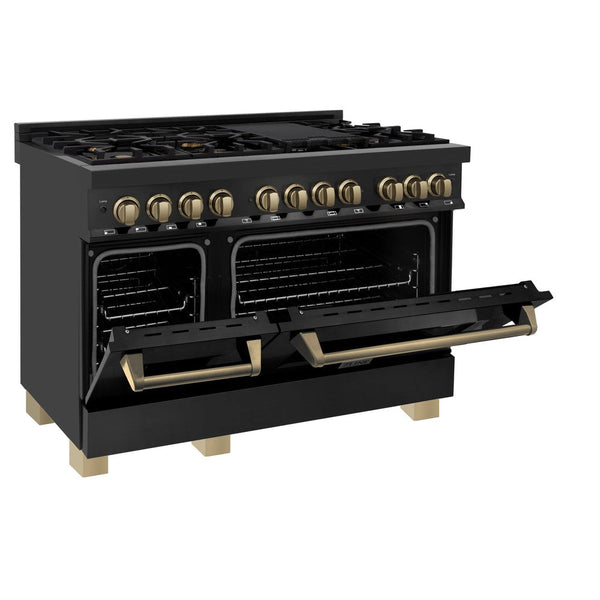ZLINE Autograph Edition 48 in. 6.0 cu. ft. Dual Fuel Range with Gas Stove and Electric Oven in Black Stainless Steel with Champagne Bronze Accents (RABZ-48-CB) side, oven door half open.