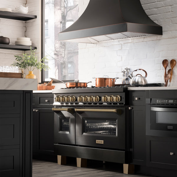 ZLINE Autograph Edition 48 in. 6.0 cu. ft. Legacy Dual Fuel Range with 7 Burner Gas Cooktop and 2 Electric Ovens in Black Stainless Steel and Champagne Bronze Accents (RABZ-48-CB)