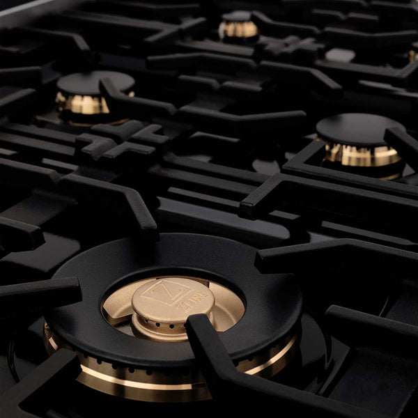 4 ZLINE brass burners with continuous cast-iron grates.